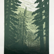 Redwoods, reduction printed lino-cut Redwoods
